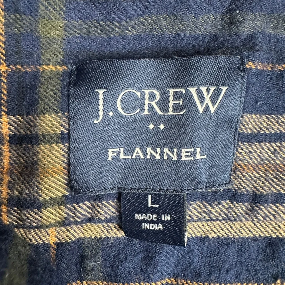 J.Crew Flannel Shirt Mens Large Navy Blue Yellow Plaid Cotton Button Down L